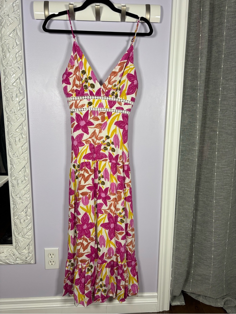 Hello Molly Pink and Yellow Floral Midi Dress Cutout Detail Size 2/XS